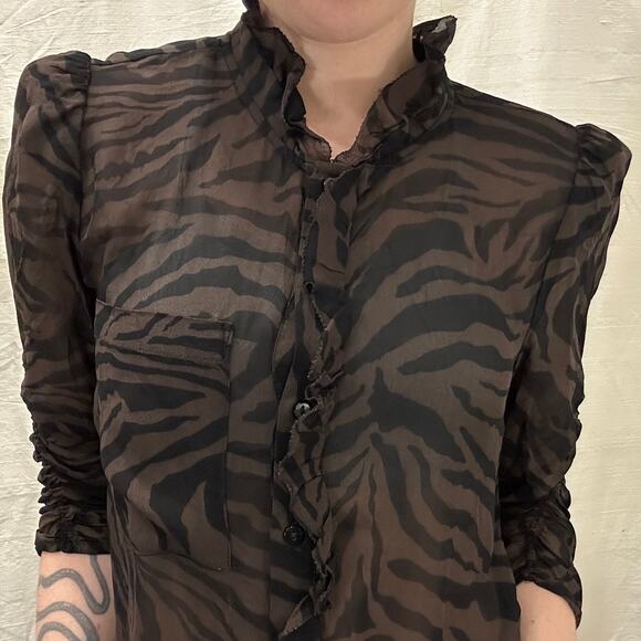 ba&sh Sisco Animal Print Ruffle Sheer Blouse Brown Black Naturel Career Sz Small - Picture 2 of 12